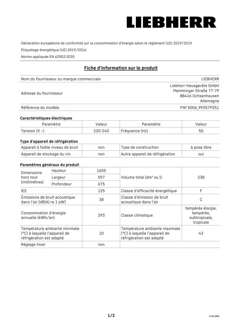 Congélateur Armoire FNF5006CHR 238L - Liebherr